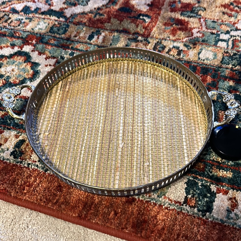 10” Vintage Brass Tray, Lined with Floral Handles